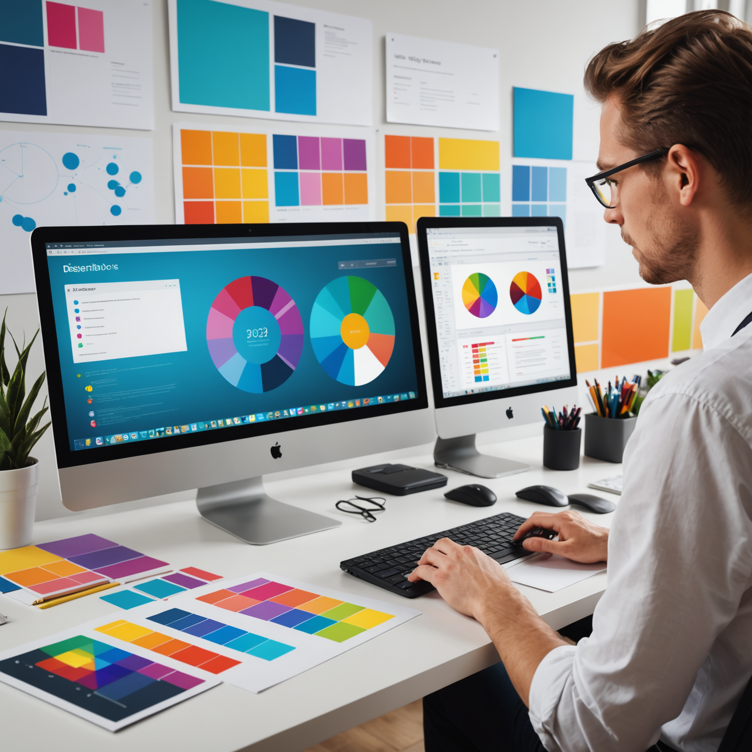A designer working on a computer with various leaflet designs on the screen, surrounded by colour swatches and design tools.